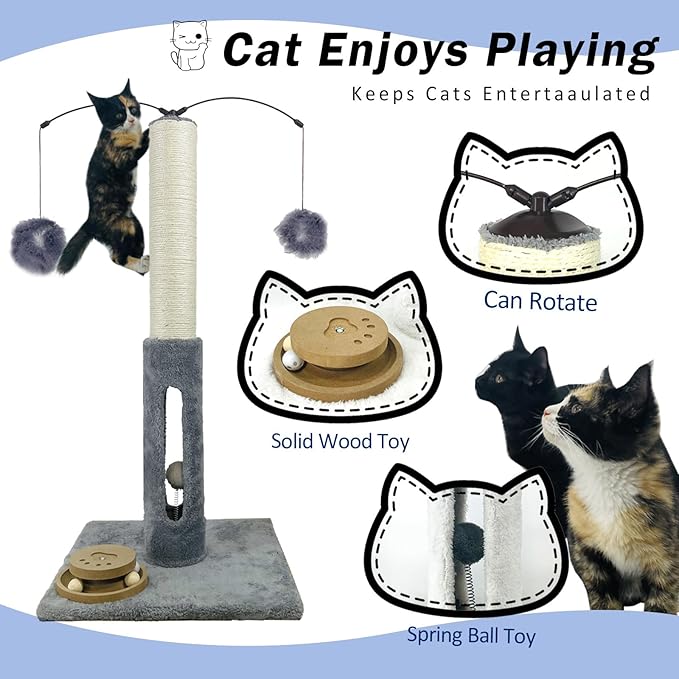 31" Cat Scratching Post Kitten Toys for Indoor Cats Interactive Scratcher with Tracking Ball, Sisal Scratch Rope for Large Cats,Sturdy Base Cat Scratch Post, (Gray, 31" H)