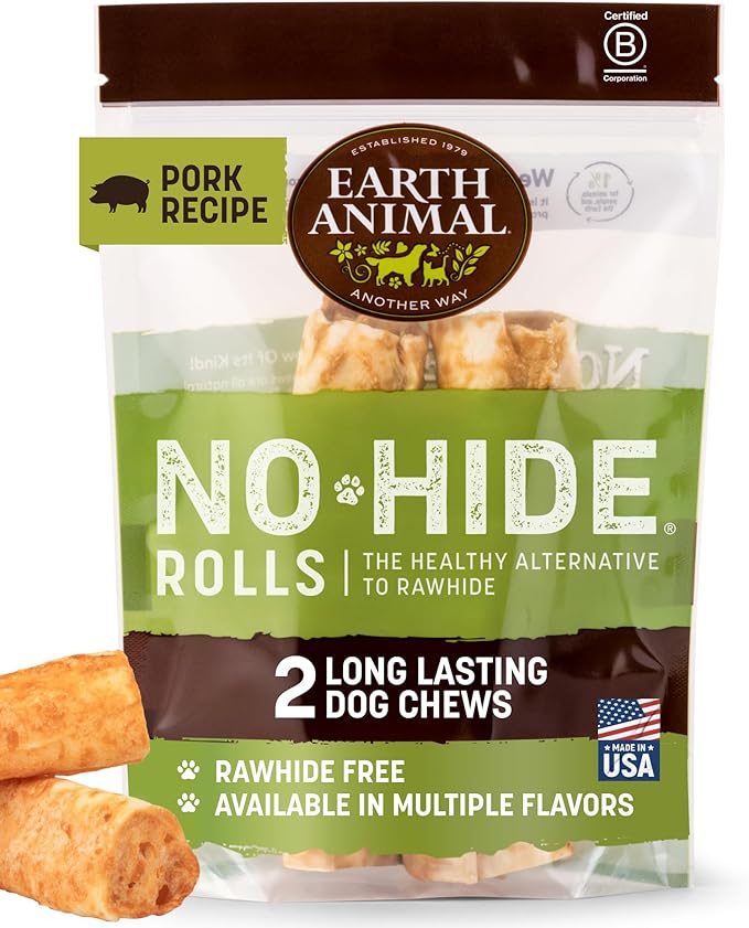 Earth Animal No Hide Medium Pork Flavored Natural Rawhide Free Dog Chews Long Lasting Chew Sticks | Treats for Large Dogs | Great for Aggressive Chewers - 2 Count