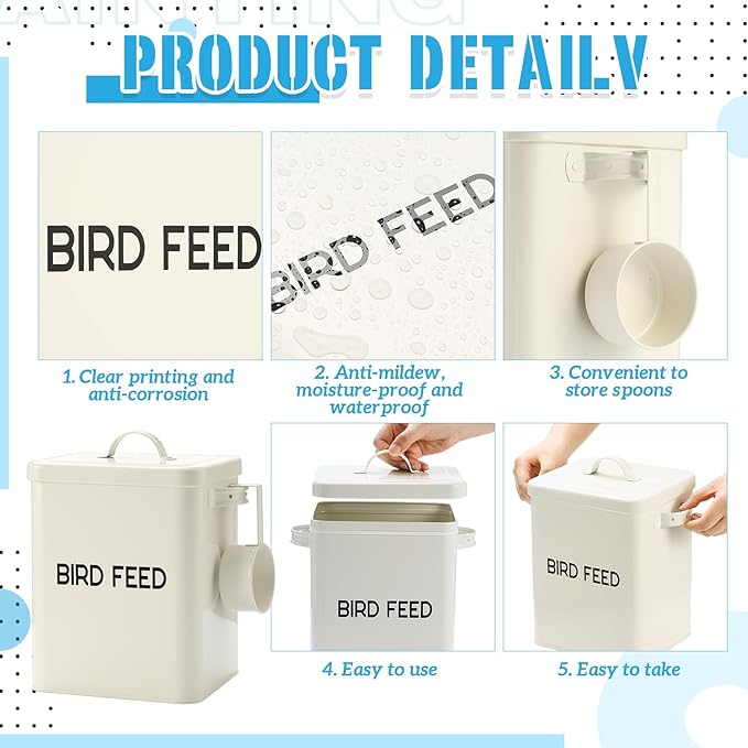 2 Pcs Metal Bird Seed Container with Scoop, White Bird Feed Storage Container with Fitted Lid, Ideal Gift for Birds and Pet Owners