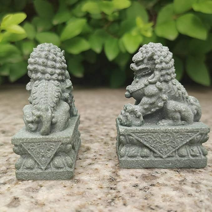 livelyfish Asian Fu Foo Dogs Pair of Two Guardian Lion Statues, Fish Tank Aquarium Sandstone Figurines Chinese Ornaments Feng Shui Decorations (M)