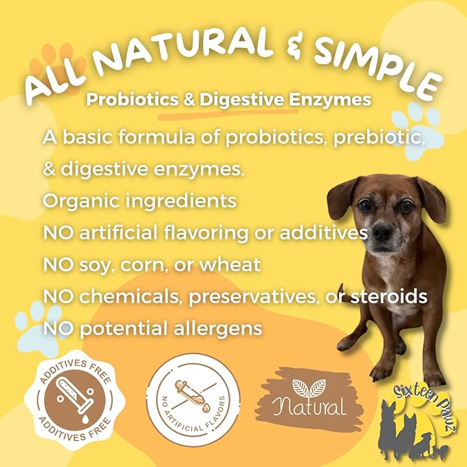 Dog & Cat Probiotics, Prebiotics, & Digestive Enzymes โ Flavorless Powder for Gut Health, Allergies, Itchy Skin, Gas & Diarrhea โ Organic, Vet-Approved โ 65g Bottle (Up to 65 Servings)