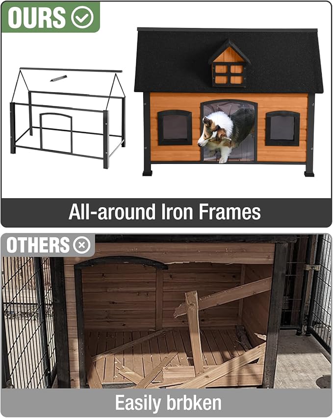 Outdoor Dog House with Iron Frame - Comfortable Shelter for Small to Large Dogs, Ideal for Indoor/Outdoor Use (Wood, L-HP)