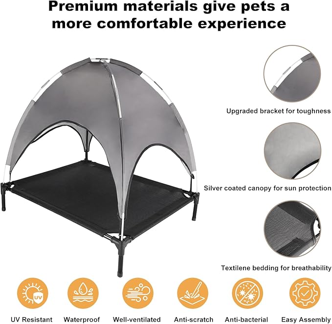 Elevated Outdoor Dog Bed with Canopy, Raised Dog Cot with Shade, Waterproof Dog Tent for Medium Small Dogs Portable Cooling Pet Bed with Breathable Mesh for Camping Beach, L