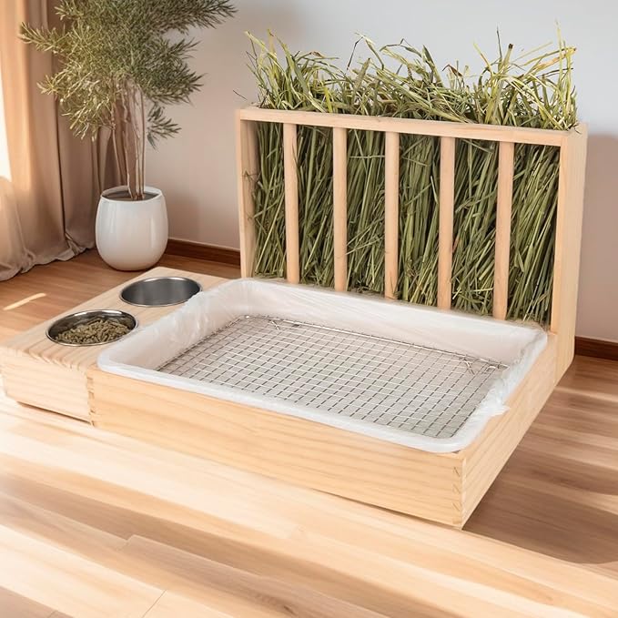 3 in 1 Rabbit Hay Feeder with Litter Box,Upgraded Wooden Hay Feeder Set for Guinea Pig Chinchilla Bunny Other Small Animals,Quick Cleaning & Large Capacity & Preventing Waste