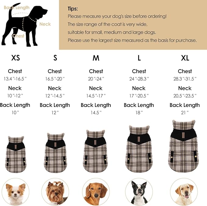 Winter Coat for Medium Dogs, Dog Plaid Jacket, Pets Coat for Cold Weather, Windproof Warm Garments, Pet Thickened Outfits Indoor Outdoor, Beige M