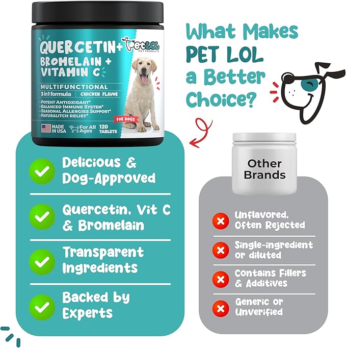 Quercetin for Dogs with Bromelain & Vitamin C - Allergy & Itch Relief, Immune & Inflammatory Support - 120 Chewable Tablets Made in USA