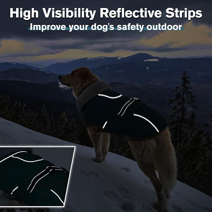 Lelepet Warm Dog Coat Reflective Fleece Vest Waterproof Dog Jacket with Adjustable Buckle Hook & Loop Windproof Cold Weather Coats for Small Medium Large Dogs, Dark Green, XXXL