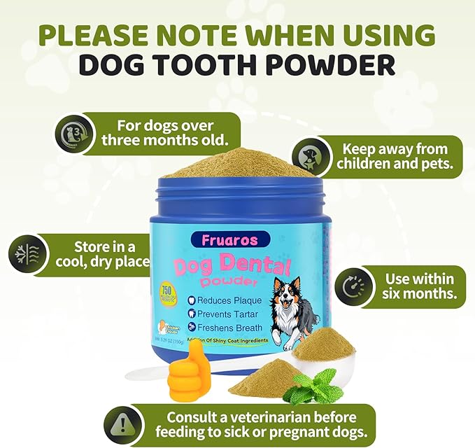Dog Dental Powder, Dog Teeth Cleaning Powder with Plaque & Tartar Remover, Fresh Breath Support, Whitening & Coat Health Enhancer, Dental Care for All Size Dogs (150g)
