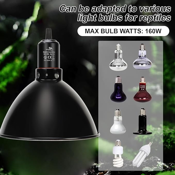 Reptile Light Fixture with Dimming Switch and Timer, 8.5 Inch Deep Dome Reptile Heat Lamp Fixture, Reptile Lamp Fixture Cap for UVB Bulb Basking Heat Bulb for Reptile Glass Terrariums, 1PCS