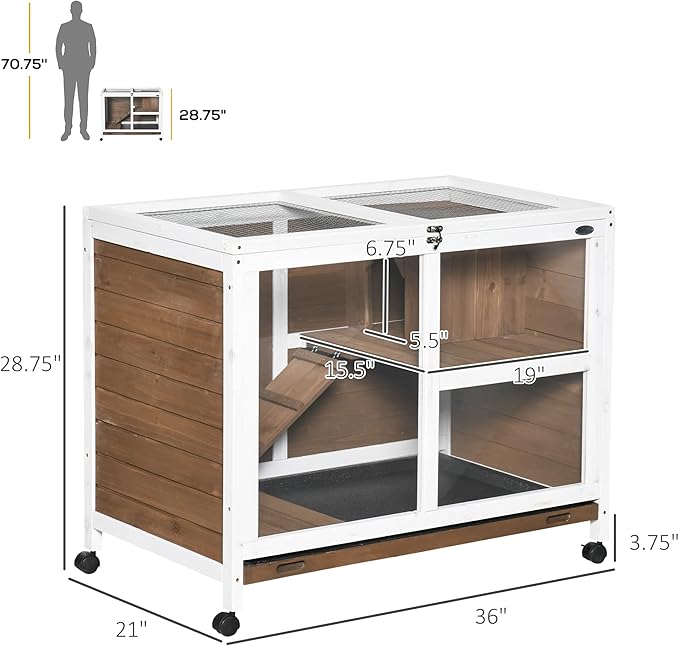 PawHut Rabbit Hutch with Wheels, Desk and Side Table Sized, Wooden Rabbit Cage, Waterproof Small Bunny Cage with Removable Tray, Openable Roof, for Rabbits, Chickens, Ducks, Indoor/Outdoor, Brown