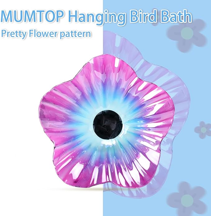 MUMTOP Hanging Bird Bath-Bird Baths for Outdoors - Flower Glass Bird Water Bowl with Hanging Circle, Bird Feeders for Outside, Garden, Lawn Yard Decor(Pink)