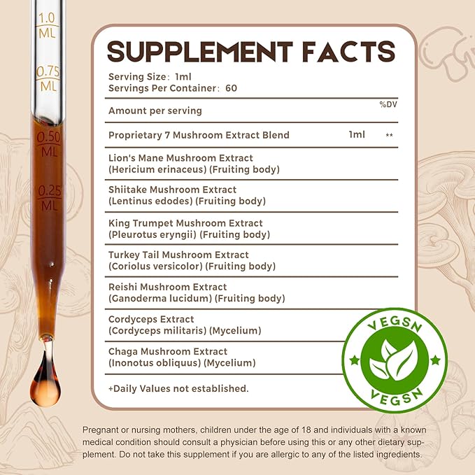 2 Pack Vegan Immune Mushroom Tincture Supplement,7 in 1 Mushroom Extract Liquid Drops with Lion's Mane,Shiitake,King Trumpet,Turkey Tail,Reishi,Chaga & Cordyceps 4 fl oz (120 Servings)
