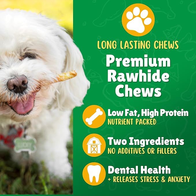Chicken Wrapped Rawhide Dog Treats – 120ct. Rawhide Chew Sticks – Long Lasting Chews for Small Dogs Made in The USA with Natural Chicken and Beef Hide