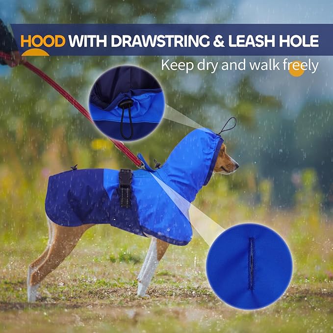 Dog Raincoat Waterproof Reflective Rain Coat with Adjustable Belly Strap & Leg Straps, Hooded Dog Rain Jacket with Leash Hole, Windproof Puppy Rain Gear for Small Medium Large Dogs