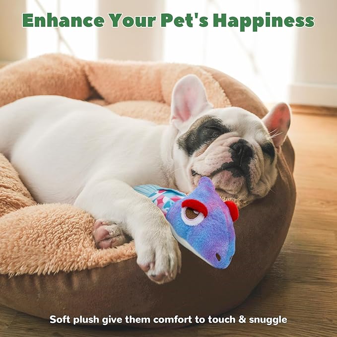 Crinkle Dog Toys Squeaky Plush No Stuffing Cute Puppy Stuffless Tough Rop Pull Toy, Fun Dog Stuffed Animals Durable Chew Set for Small Medium Large Pup (Large, Purple Chameleon)