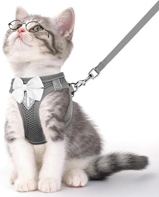 Cat Vest Harness and Leash Set for Walking Escape Proof, Adjustable Kitten Harness Breathable Mesh with Reflective Strips Harness for Kitty Puppy Bunny (Grey,S)