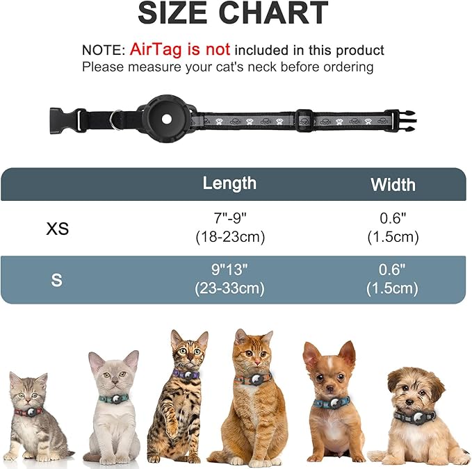 Reflective AirTag Cat Collar, Integrated Cat Tracker Collar with Air Tag Holder and Bell, Safety Elastic Band Cat GPS Collars for Girl Boy Cats, Kittens and Puppies (Black, XS)