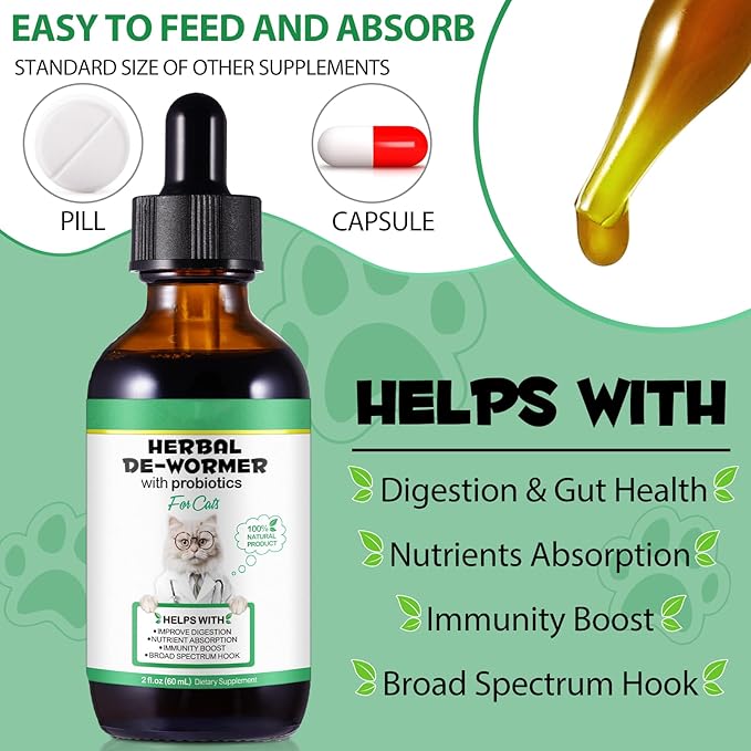 Specifically Formulated for Cats, Cats Natural Broad Spectrum Treatment with Probiotics, Herbal Cleanse, Digestive Support for All Cat Breeds, Gut Health, Puppy & Kitten, Supplement Drops for Pets