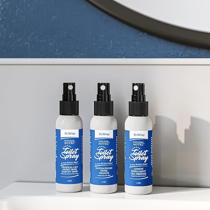 AirWisp Toilet Spray 3 Pack Variety Pack - Pre-Poop Spray Odor Eliminator - Most Popular Hotel Picks - 2 oz. Bottles - Up To 100 Uses Per Bottle - Travel Toiletry