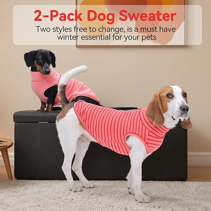 2 Pack Small Dog Sweaters, Warm Stripe Pullover Stretch Fleece Sweater, Winter Fall Pets Coats Sweatshirt, Soft Pet Fleece Vest Pajamas Turtleneck for Dogs, Dachshund, Boston Terrier, Pink S