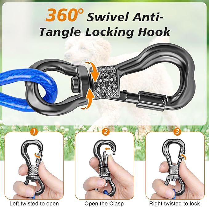 Tresbro 120FT Dog Tie Out Cable with Spring, Shock Absorbing Tether Chains for Outside Aavilable in 10/15/20/25/30/40/50/70/100/120 FT, Heavy Duty Leads for Yard for Medium & Large Dogs Up to 500 LBS