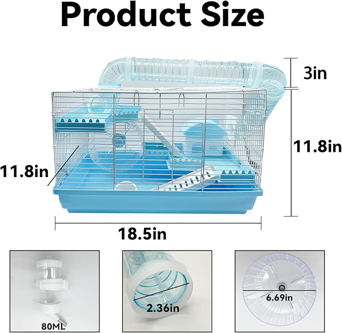 Tfwadmx Dwarf Hamster Cage Small Hamster Habitat Mouse Home Small Animal Cage with Tube Exercise Wheel Hut Rat Habitat for Gerbils Mice 18.5“x11.8”x11.8“ Blue