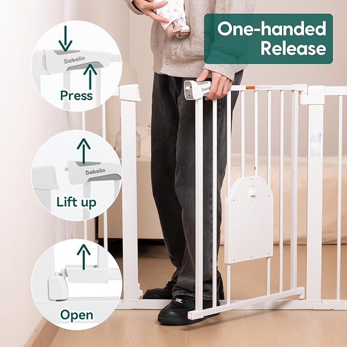 Babelio Auto Close Baby Gate with Cat Door,29-43" Metal Gate for Doorway,Stairs, House,Easy Walk Thru with Pet Door,Includes 4 Wall Cups and 3 Extension Pieces,White