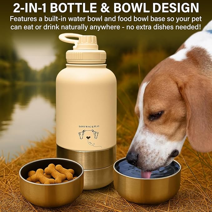 Love Wag & Play Dog Water Bottle Portable – 2 in 1 Stainless Steel Bowl for Food, Water – Leakproof Portable Water Bowl for Dog with Carry Loop – Detachable Design – Ideal for Kibble, Treats (Brown)