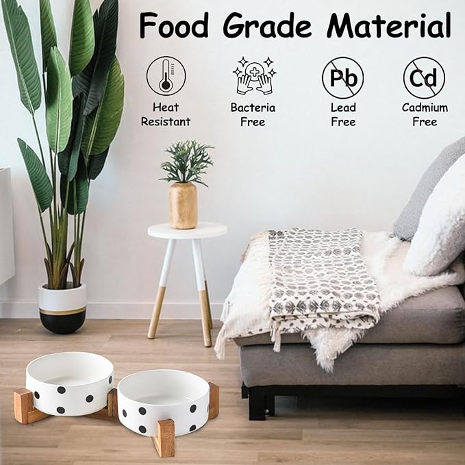 Petygooing Dog Bowls Ceramic, Cat Dog Bowl Set with Wood Stand for Food and Water,Non-Slip Cute Modern Pet Dishes for Cats Medium Size Dogs (28OZ/6.1 in) Black Dot