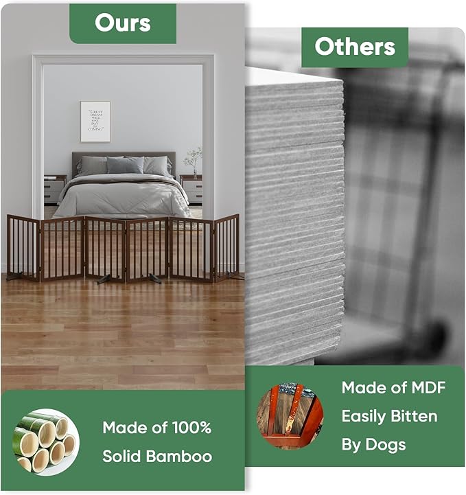 Dog Gates for Doorways, Freestanding Dog Gate Indoor, Foldable Pet Gates for Doorways Bedroom, Puppy Gate with Metal Support Feet, Room Divider 6 Panels (Dark Walnut)