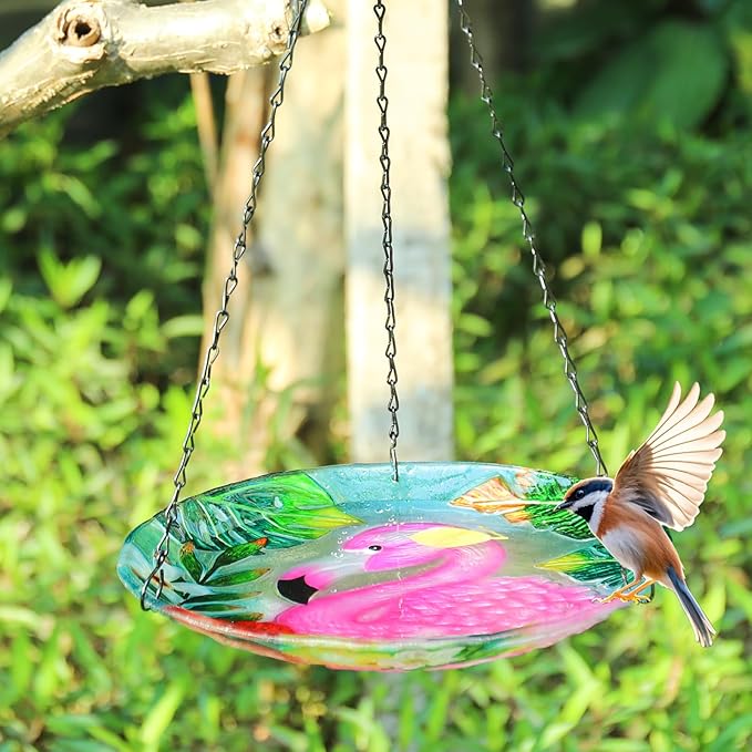 MUMTOP Hanging Bird Baths for Outdoors - Glass Bird Bath, 11 Inch Hanging Bird Bath Pink Flamingo Bird Feeder Bowl for Outside, Garden, Lawn Yard Decor