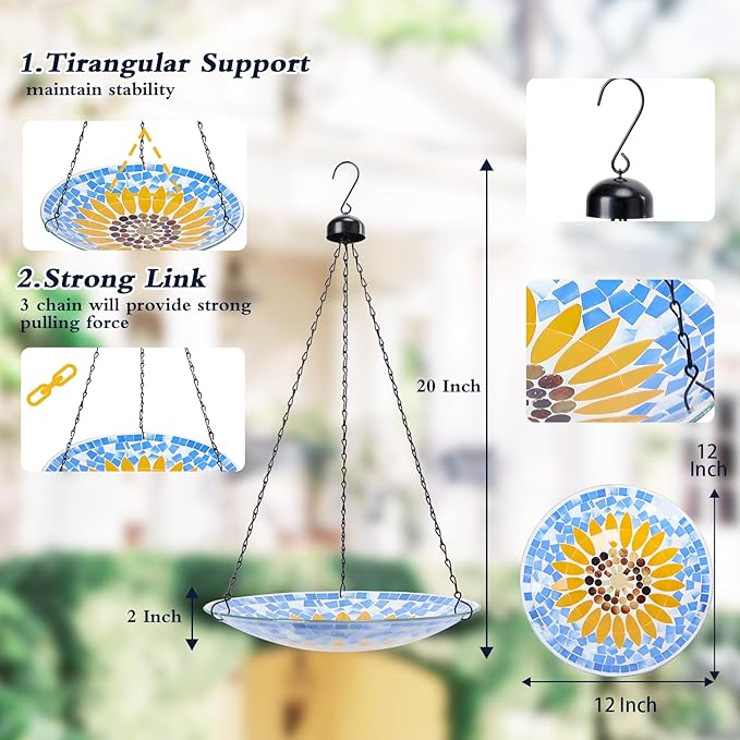 MUMTOP Mosaic Hanging Bird Bath-Bird Baths for Outdoors - 12 Inch Glass Birdbath Bird Water Bowl Bird Feeders for Outside, Garden, Lawn Yard Decor(Sunflower)