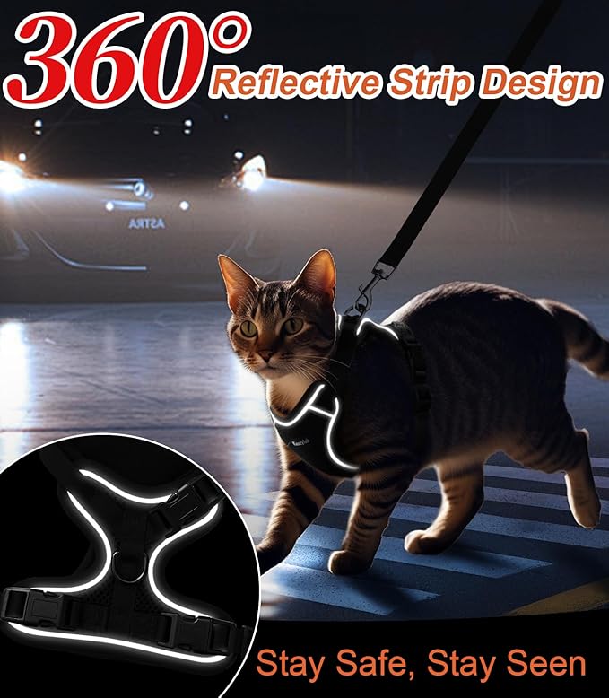 Cat Harness and Leash for Walking Escape Proof Soft Adjustable Cat Leash Breathable Comfortable Vest Easy to Wear Kitten Harness for Outdoor Travel Black M