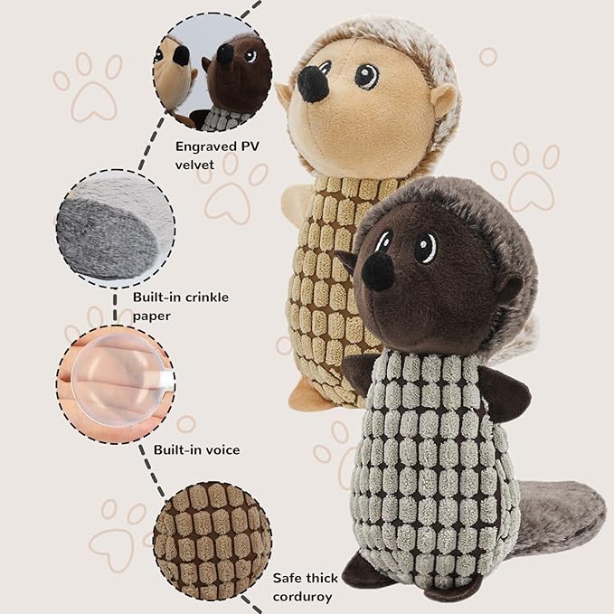 Crinkle Dog Toys Squeaky Plush No Stuffing Cute Puppy Stuffless Tough Rop Pull Toy, Fun Dog Stuffed Animals Durable Chew Set for Small Medium Large Pup (Large, Dark Brown+Brown Squirrel)