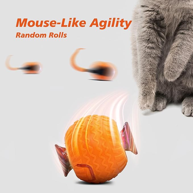 Interactive Cat Toy for Indoor Cats, Speedy Ball with Tail, Automatic Moving Cat Balls for Bored Indoor Adult Cats, 360°Automatic Rolling Ball Toy, Two Speed Adjustment(Orange)