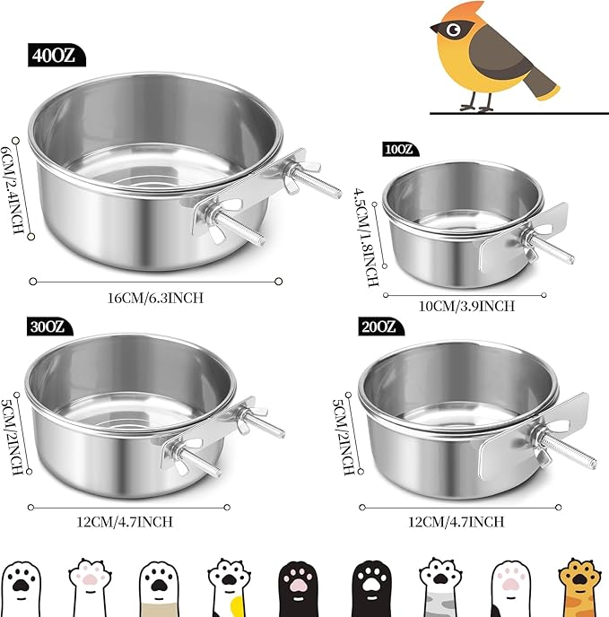 Bird Cage Feeder, Bird Feeder for Cage, 10oz Stainless Steel Food Water Bowl with Clamp, Clip-On Cage Coop Cup for Parrot Hamster Rabbit Rat Small Animals