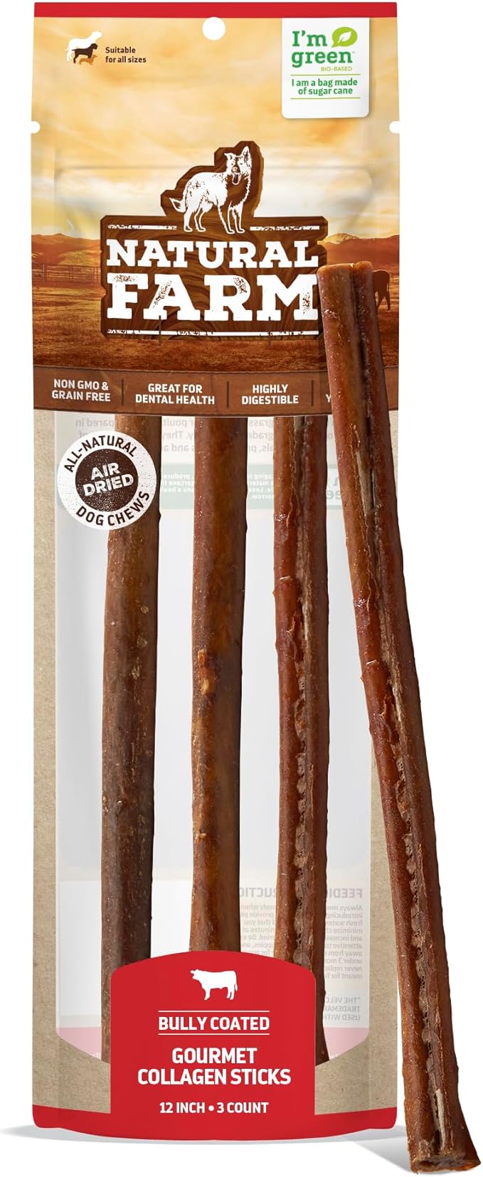 Natural Farm Collagen Chews. 6 Inch, 10 Pack. Odor-Free Long Lasting Bully Sticks & Rawhide Alternative Dog Treats, 95% Collagen Low Fat, High Protein Best Dental Dog Treats โ Medium & Large Dogs