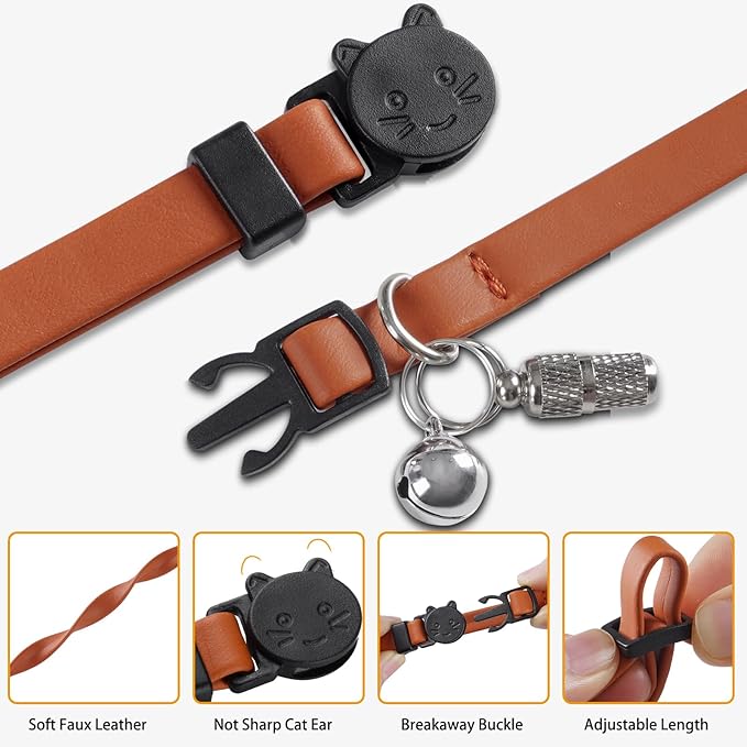 Upgrade Breakaway Cat Collar with Bells, Soft Leather Kitten Collars with Name Tag,Safety Adjustable Buckle,Lightweight,Ideal for Girl Boy Cats,Pink+Orange