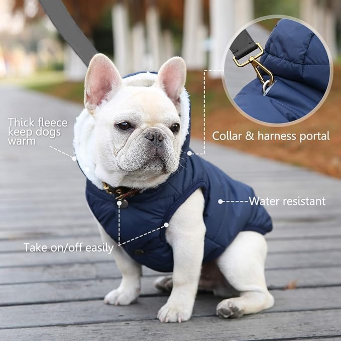 Fleece Hoodie, Windproof Waterproof Coat, Winter Warm Jacket, Cold Weather Pet Apparel Clothes Vest for Small Medium Large Dogs (2XL, Blue)