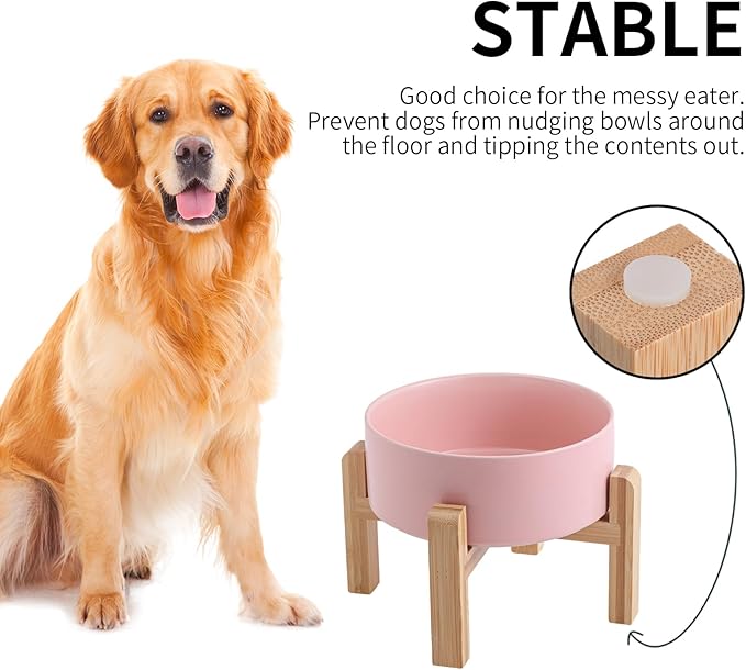 Pink Elevated/Raised Dog Bowl Ceramic for Medium Large Sized Breed,Dog Food Water Bowl with Stand,8 in 7.6 Cups Non Slip Heavy Weighted Dog Dish