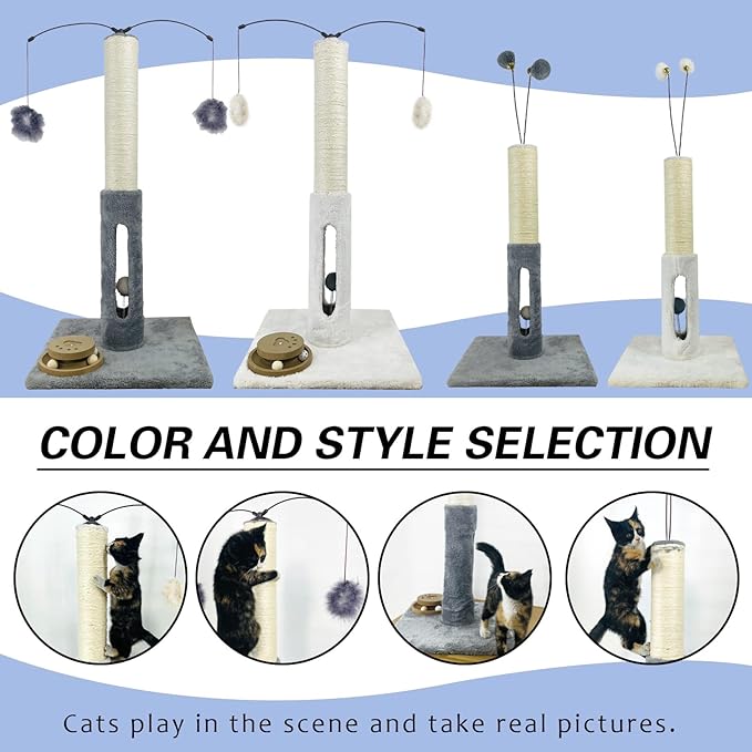 31" Cat Scratching Post Kitten Toys for Indoor Cats Interactive Scratcher with Tracking Ball, Sisal Scratch Rope for Large Cats,Sturdy Base Cat Scratch Post, (Gray, 31" H)