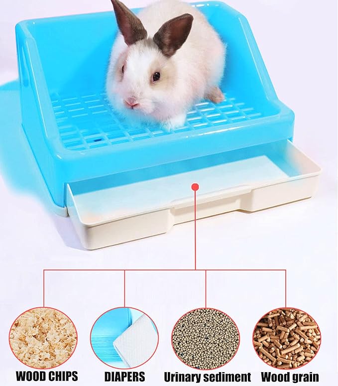 kathson Rabbit Litter Box Trainer Small Animal Potty Corner Toilet with Drawer Pet Cage Pan Litter Bedding Box for Adult Guinea Pig Hamster Bunny Ferret Galesaur Mouse Squirrel (Blue)