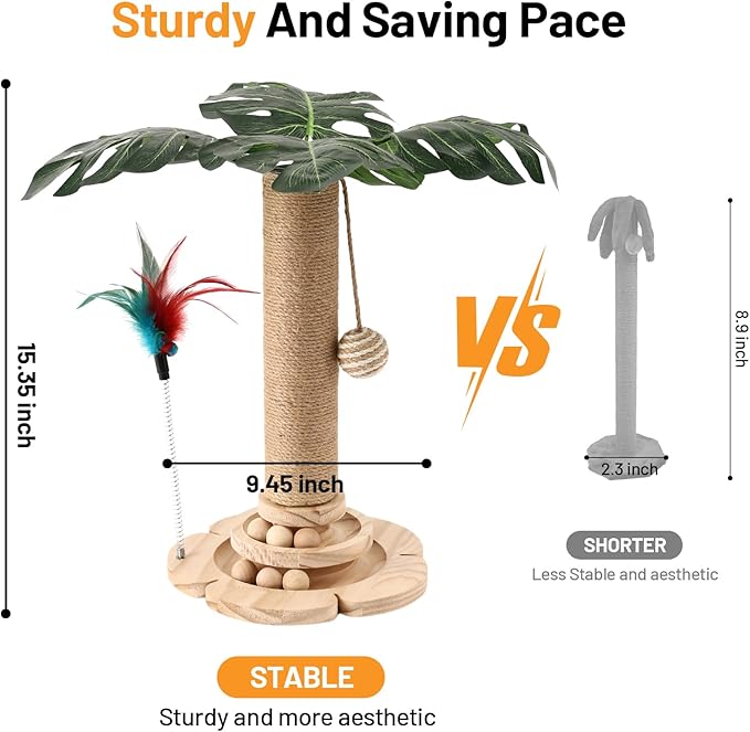 Cat Scratching Post for Indoor Cat Sisal Kitten Scratching Post with 3D Leaves,Hanging Ball,Wooden 2 Level Track,Interactive Toy