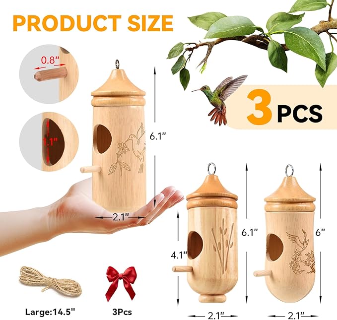 Hummingbird House, Solid Wood Hummingbird Houses for Outside-Exquisitely Handcrafted Birdhouse with Ribbon and String Hanging Kit, Durable Garden Decor, Perfect Gardening Gift(Style-EFG, 3 Pack)