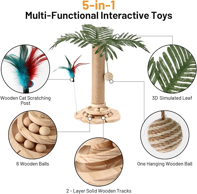Palm Tree Cat Scratching Post Sisal Cat Scratch Pole with Hanging Ball,Wooden 2 Level Track,Interactive Toy for Indoor Small Kitten