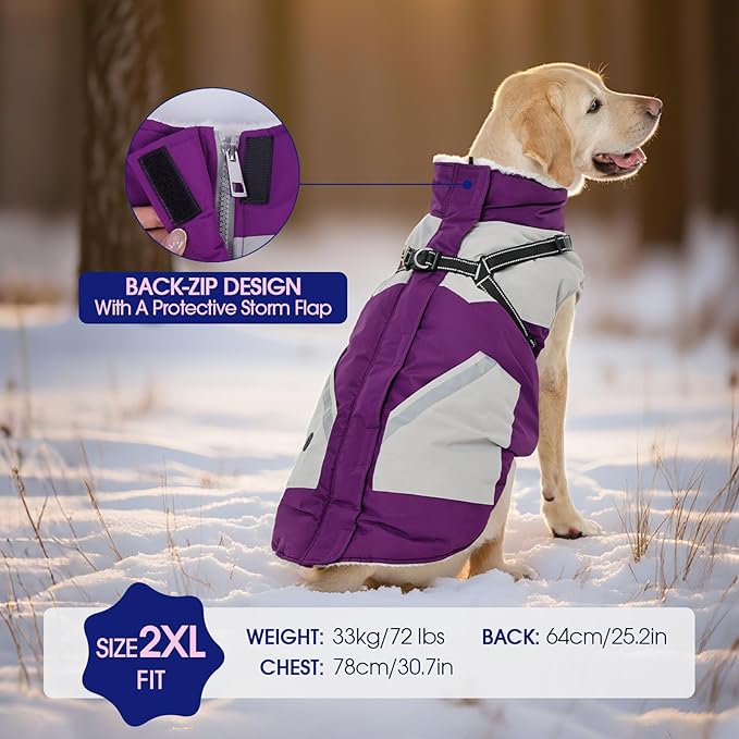 FUAMEY Dog Winter Jackets for Large Dogs,Dog Coat with Harness Built in,Waterproof Dogs Snowsuits Warm Pet Jacket Zip Up Fleece Cold Weather Coats Reflective Puppy Vest with Pocket Purple 2XL