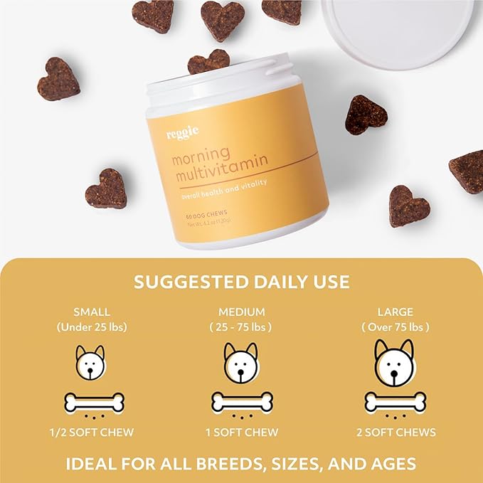 Reggie Morning Multivitamins for Dogs | Advanced Daily Immunity Booster for Heart, Joint, Skin, and Gut Health | Made in The USA, Vet-Approved, & Ideal for All Ages, Breeds, and Sizes - 60 Soft Chews