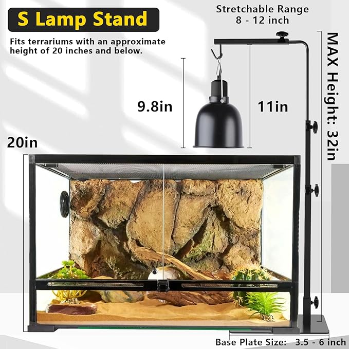 LUCKY HERP Reptile Lamp Stand, Adjustable 14-32 inch Metal Floor Light Holder, Heat Lamp Stand Reptile Light Stand for Glass Terrarium Heating Light & Dome Lampshade