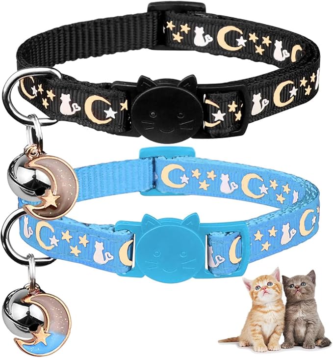 2PCS Breakaway Cat Collars with Bell Cute Kitty Glow in The Dark Adjustable Kitten Collars with Pendant(Black&Sky Blue)
