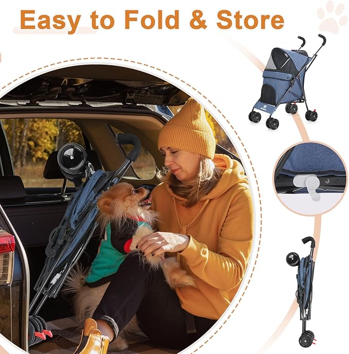 Wedyvko Travel Portable Dog Stroller, Pet Stroller for Small Puppy Dogs & Cats, Up to 33 lbs, Navy Blue